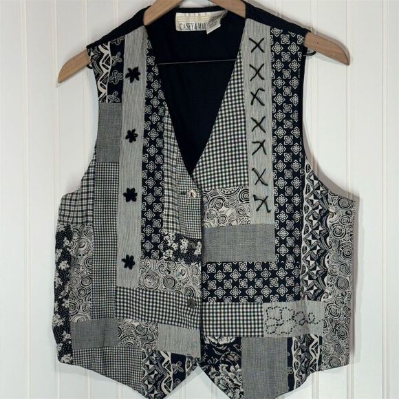 Casey & Max Black White Patchwork Vest Womens L Boho Grunge Folkcore Cottage - Picture 2 of 8